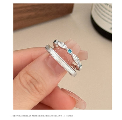 Geometric Brushed Open Rings For Couples In S999 Silver With Platinum Plated Electroplated Finish And Zircon Inlay