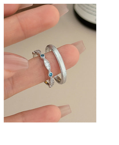 Geometric Brushed Open Rings For Couples In S999 Silver With Platinum Plated Electroplated Finish And Zircon Inlay