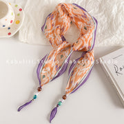 Wind-dyed Patterned Bead-buttoned Diamond-shaped Scarf - Orange