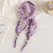 Porcelain Floral Pattern Rhombus Scarf with Beaded Buttons - Pink and Purple