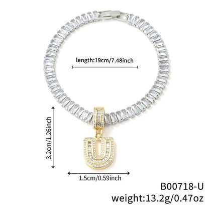 Electroplated 18K Real Gold Plated Copper Letter Bracelet With Zircon Inlay For Women