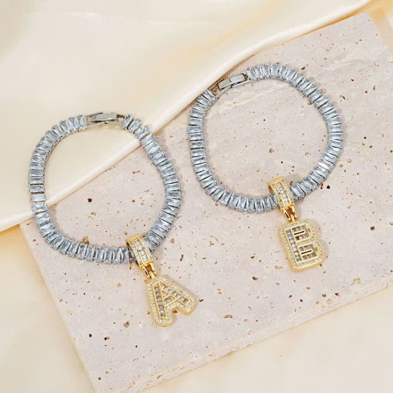Electroplated 18K Real Gold Plated Copper Letter Bracelet With Zircon Inlay For Women