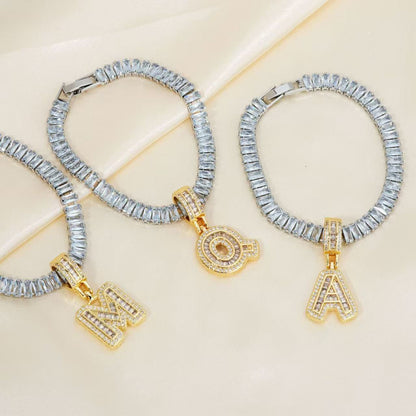 Electroplated 18K Real Gold Plated Copper Letter Bracelet With Zircon Inlay For Women