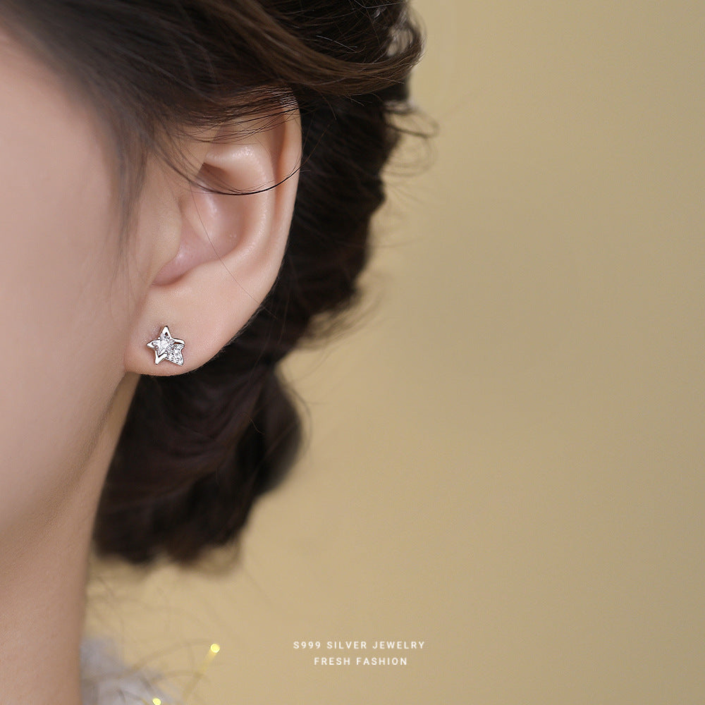 Sweet Pentagram Stud Earrings For Women In Silver Featuring S999 Silver And Zircon Inlay
