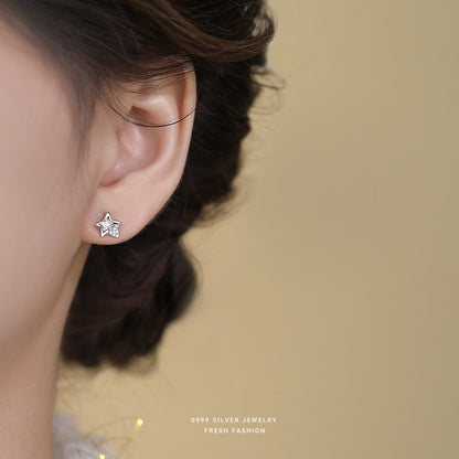 Sweet Pentagram Stud Earrings For Women In Silver Featuring S999 Silver And Zircon Inlay