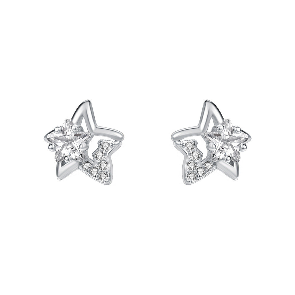 Sweet Pentagram Stud Earrings For Women In Silver Featuring S999 Silver And Zircon Inlay