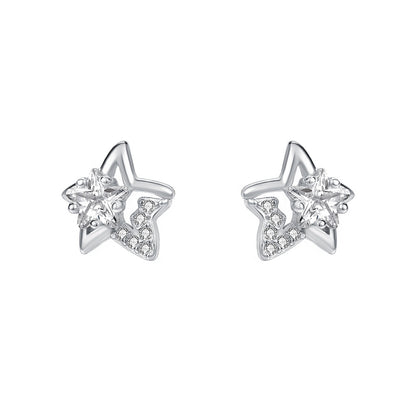 Sweet Pentagram Stud Earrings For Women In Silver Featuring S999 Silver And Zircon Inlay
