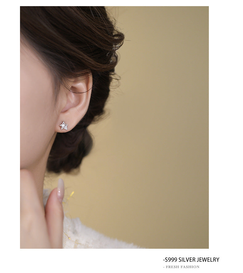 Sweet Pentagram Stud Earrings For Women In Silver Featuring S999 Silver And Zircon Inlay