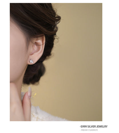 Sweet Pentagram Stud Earrings For Women In Silver Featuring S999 Silver And Zircon Inlay