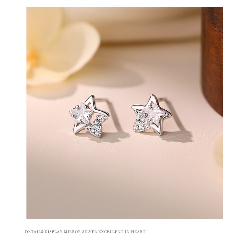 Sweet Pentagram Stud Earrings For Women In Silver Featuring S999 Silver And Zircon Inlay