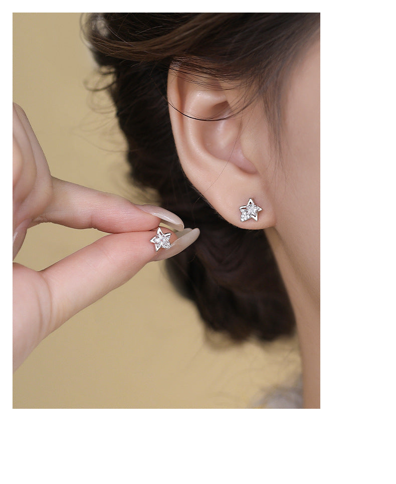 Sweet Pentagram Stud Earrings For Women In Silver Featuring S999 Silver And Zircon Inlay