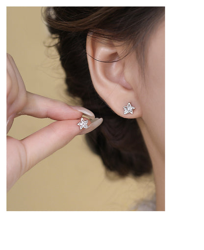 Sweet Pentagram Stud Earrings For Women In Silver Featuring S999 Silver And Zircon Inlay