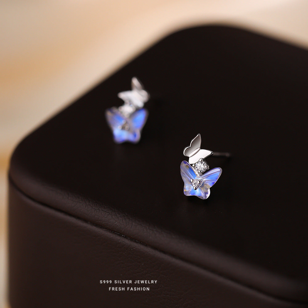 Butterfly Stud Earrings For Women In S999 Silver With Zircon Inlay, Platinum Plated Featuring Sweet Style