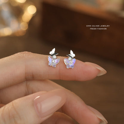 Butterfly Stud Earrings For Women In S999 Silver With Zircon Inlay, Platinum Plated Featuring Sweet Style