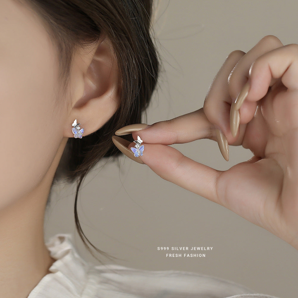 Butterfly Stud Earrings For Women In S999 Silver With Zircon Inlay, Platinum Plated Featuring Sweet Style
