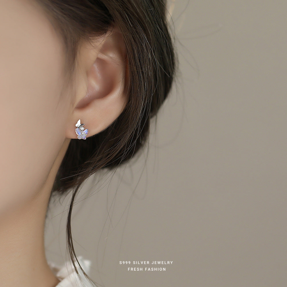 Butterfly Stud Earrings For Women In S999 Silver With Zircon Inlay, Platinum Plated Featuring Sweet Style