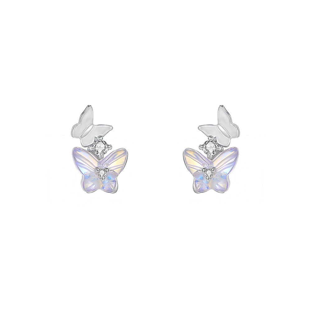 Butterfly Stud Earrings For Women In S999 Silver With Zircon Inlay, Platinum Plated Featuring Sweet Style