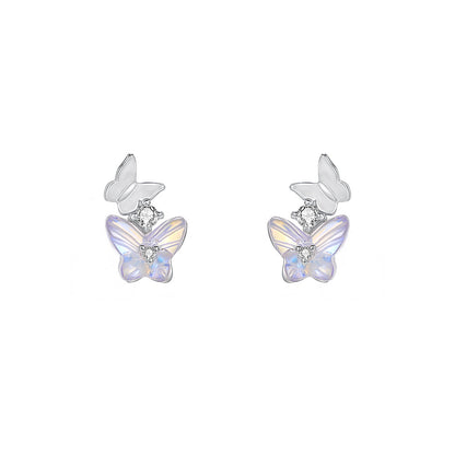Butterfly Stud Earrings For Women In S999 Silver With Zircon Inlay, Platinum Plated Featuring Sweet Style
