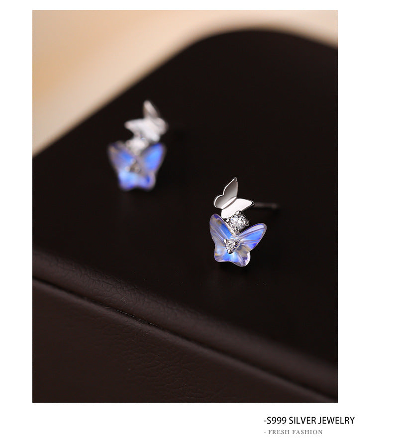 Butterfly Stud Earrings For Women In S999 Silver With Zircon Inlay, Platinum Plated Featuring Sweet Style