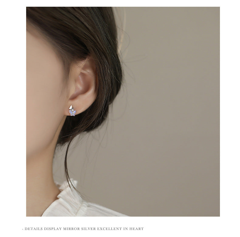 Butterfly Stud Earrings For Women In S999 Silver With Zircon Inlay, Platinum Plated Featuring Sweet Style
