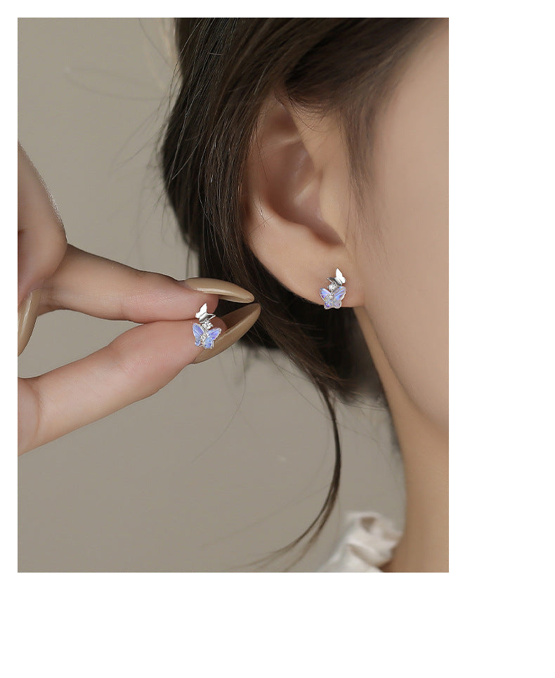 Butterfly Stud Earrings For Women In S999 Silver With Zircon Inlay, Platinum Plated Featuring Sweet Style