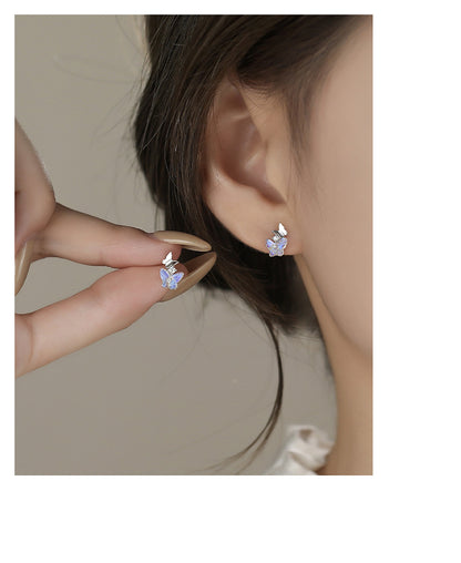 Butterfly Stud Earrings For Women In S999 Silver With Zircon Inlay, Platinum Plated Featuring Sweet Style