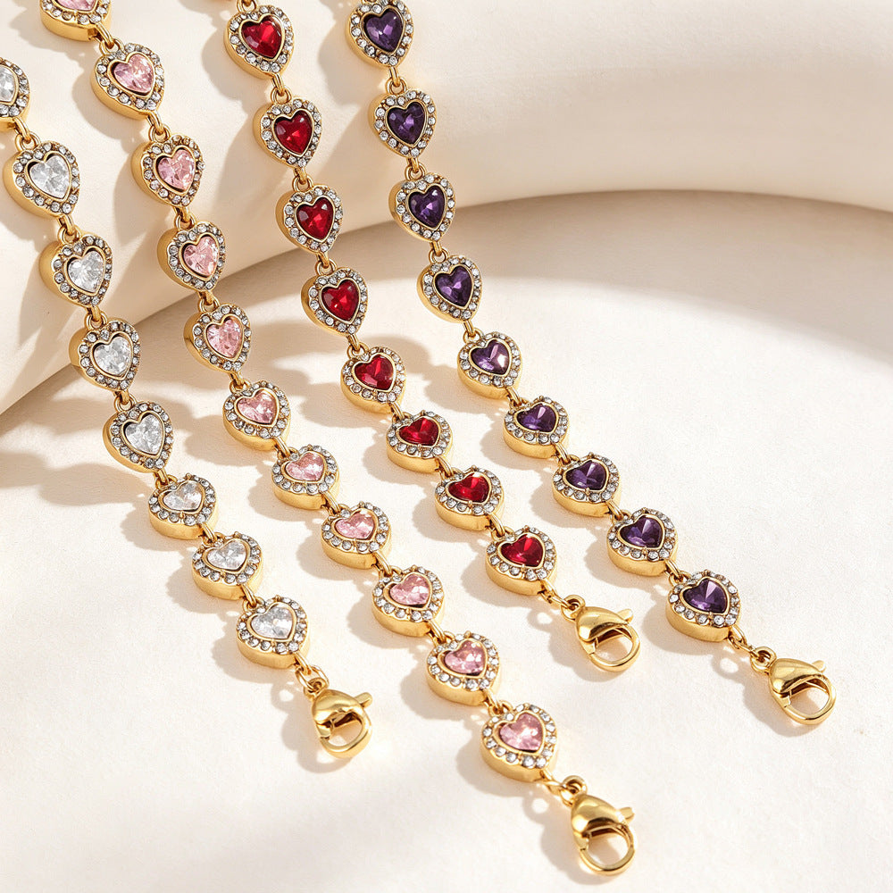 Heart Shape Bracelets For Women With Titanium Steel Chain And Zircon Inlay In Stainless Steel