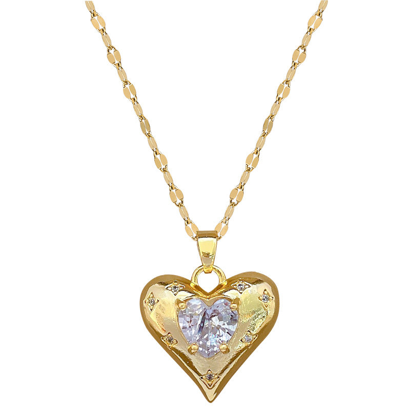 Romantic Handmade Heart Shape Necklace For Women In 201 Stainless Steel With Glass Inlay And Cable Chain