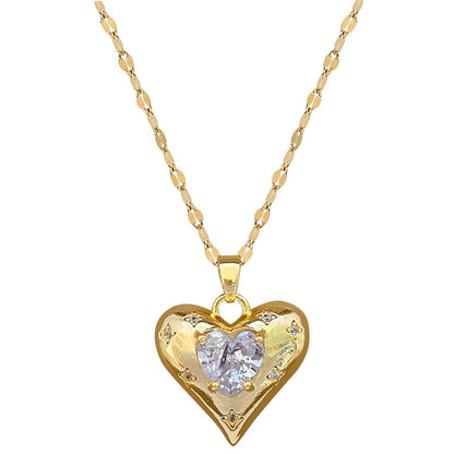 Romantic Handmade Heart Shape Necklace For Women In 201 Stainless Steel With Glass Inlay And Cable Chain
