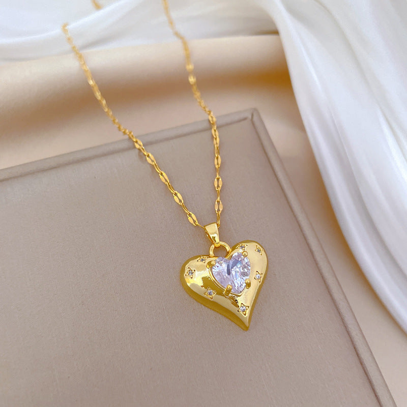 Romantic Handmade Heart Shape Necklace For Women In 201 Stainless Steel With Glass Inlay And Cable Chain
