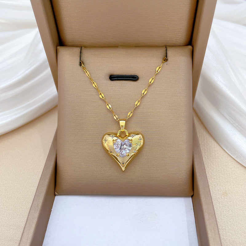Romantic Handmade Heart Shape Necklace For Women In 201 Stainless Steel With Glass Inlay And Cable Chain