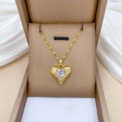 Romantic Handmade Heart Shape Necklace For Women In 201 Stainless Steel With Glass Inlay And Cable Chain