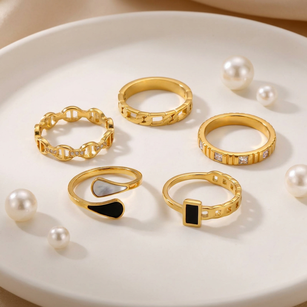Geometric Electroplated Rings For Women In 304 Stainless Steel With 18K Real Gold PVD Coating And Shell Inlay