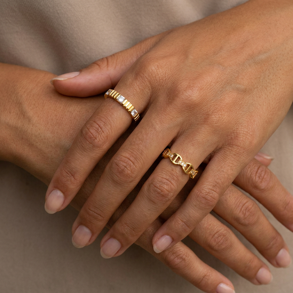 Geometric Electroplated Rings For Women In 304 Stainless Steel With 18K Real Gold PVD Coating And Shell Inlay