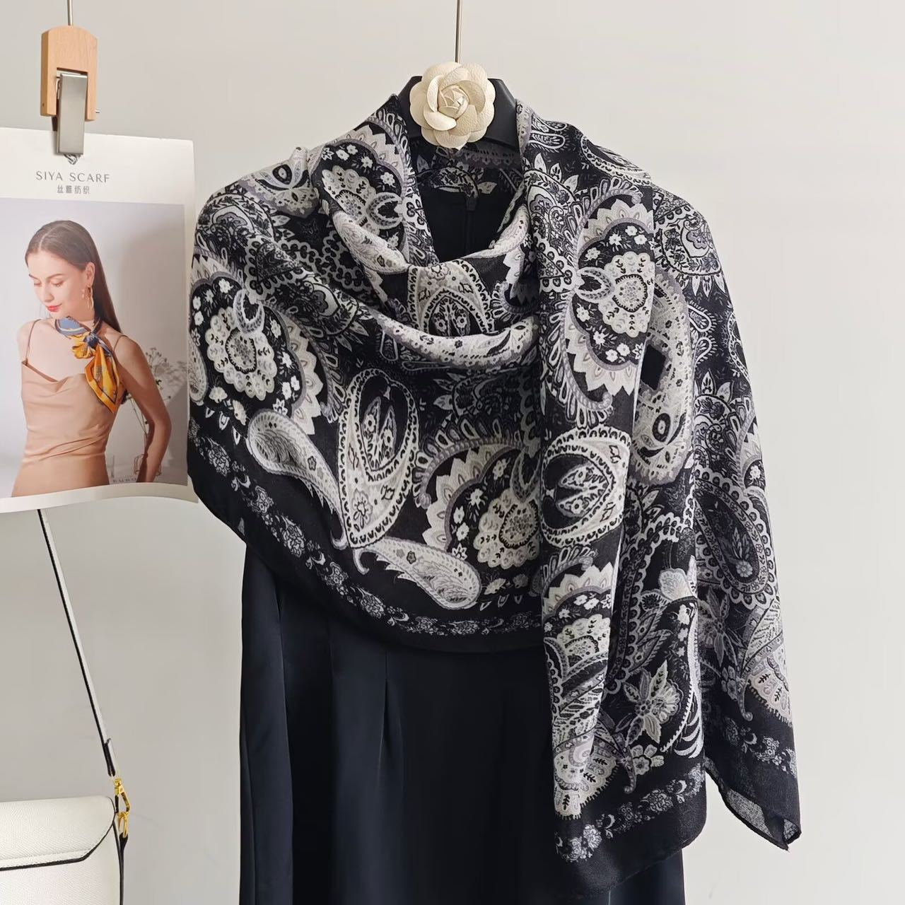 Cashew Nuts Silk Scarf In Dark Blue, Made Of Cotton And Linen, Perfect For Spring