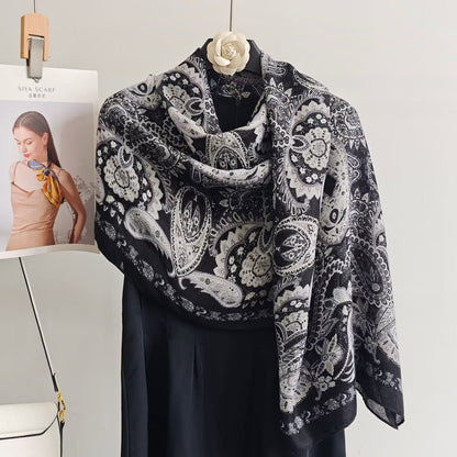 Cashew Nuts Silk Scarf In Dark Blue, Made Of Cotton And Linen, Perfect For Spring