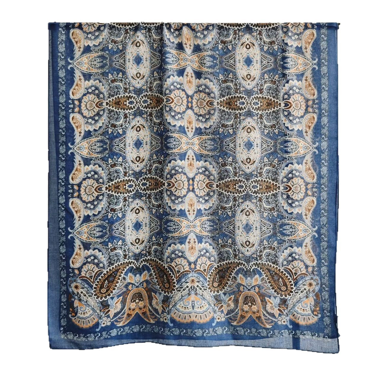 Cashew Nuts Silk Scarf In Dark Blue, Made Of Cotton And Linen, Perfect For Spring