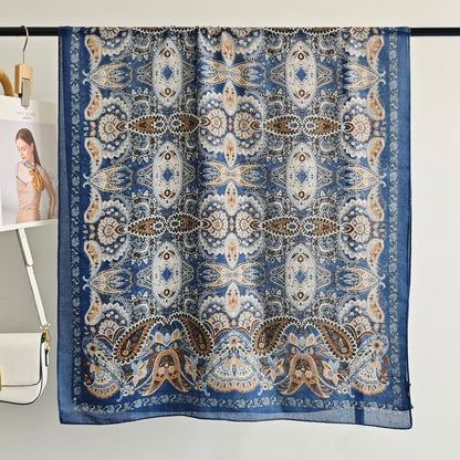 Cashew Nuts Silk Scarf In Dark Blue, Made Of Cotton And Linen, Perfect For Spring