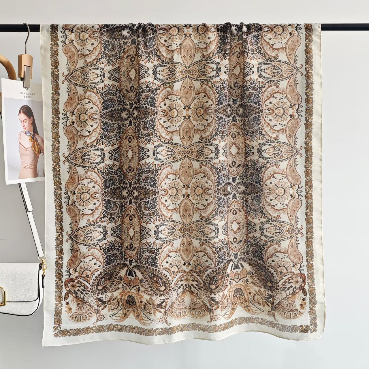 Cashew Nuts Silk Scarf In Dark Blue, Made Of Cotton And Linen, Perfect For Spring