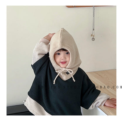 Unisex Cartoon Style Solid Color Balaclava With Ear Wrap Brim, Warm Knit Material Adult Hat
