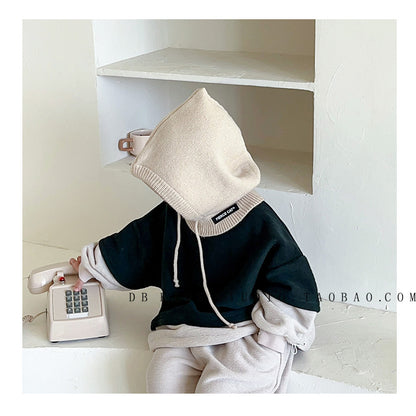 Unisex Cartoon Style Solid Color Balaclava With Ear Wrap Brim, Warm Knit Material Adult Hat