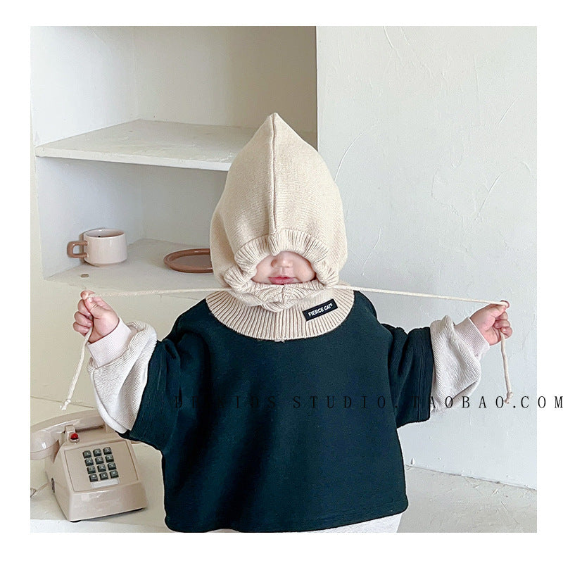 Unisex Cartoon Style Solid Color Balaclava With Ear Wrap Brim, Warm Knit Material Adult Hat