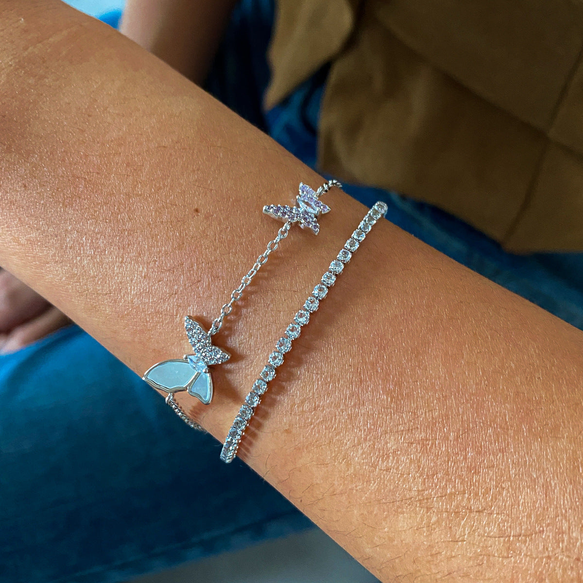 Butterfly Copper Bracelet For Women With Zircon Inlay In Silver