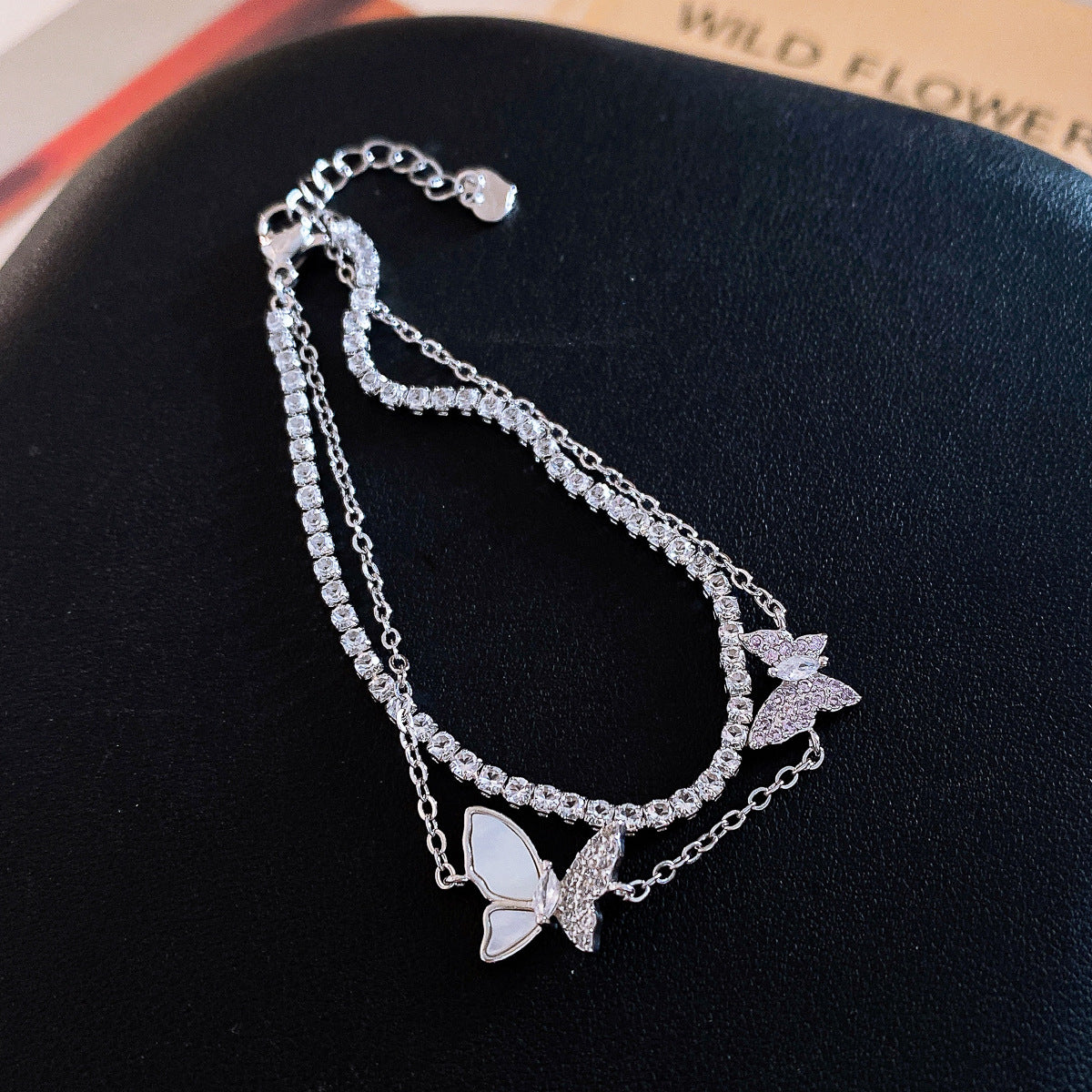Butterfly Copper Bracelet For Women With Zircon Inlay In Silver