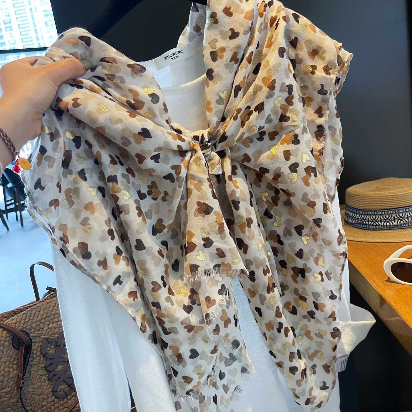 Heart Shape Cotton And Linen Shawl For Women In Caramel, Perfect For Spring & Summer