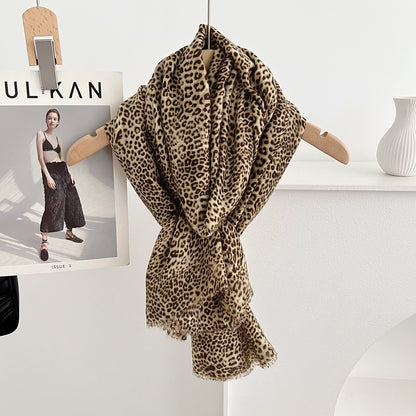 Retro Leopard Print Scarf For Women In Khaki, Lightweight Polyester Silk Scarf Perfect For Summer