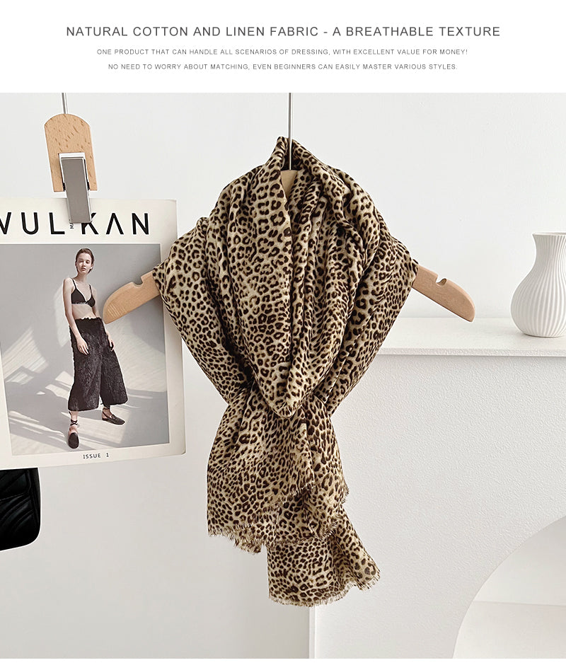 Retro Leopard Print Scarf For Women In Khaki, Lightweight Polyester Silk Scarf Perfect For Summer