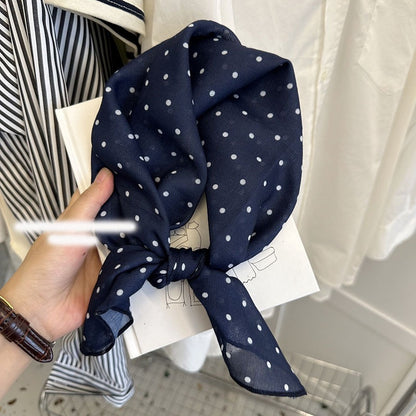 Retro Polka Dots Cotton And Linen Bandana For Women In Navy Blue, Perfect For Autumn Wear