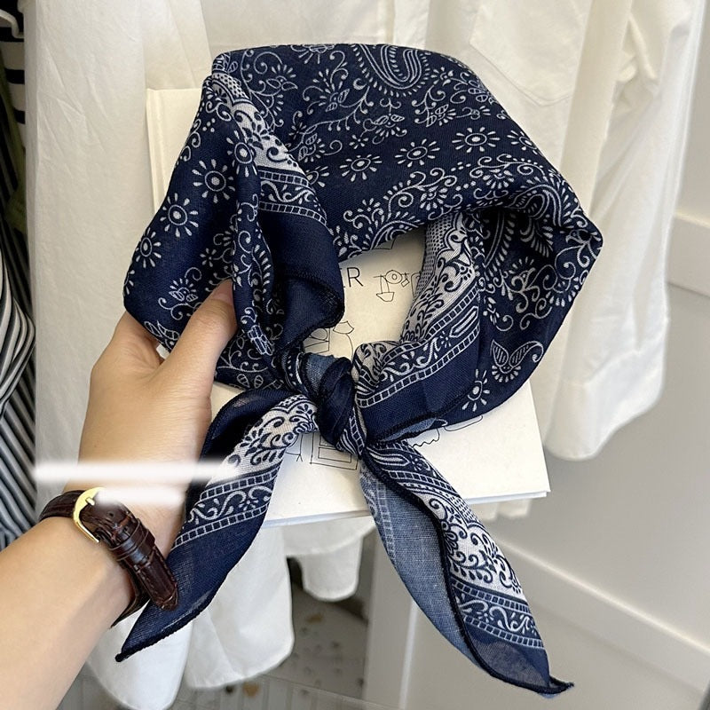 Retro Polka Dots Cotton And Linen Bandana For Women In Navy Blue, Perfect For Autumn Wear