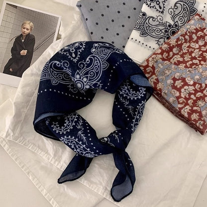 Retro Polka Dots Cotton And Linen Bandana For Women In Navy Blue, Perfect For Autumn Wear